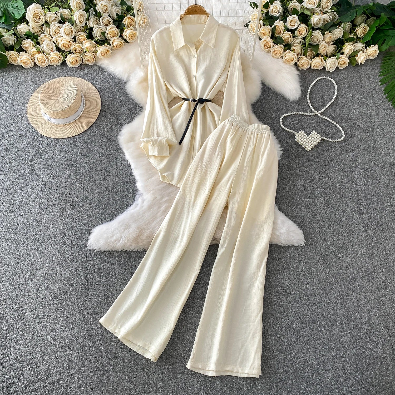 Casual shirt And Wide Leg Pants Two Piece Set