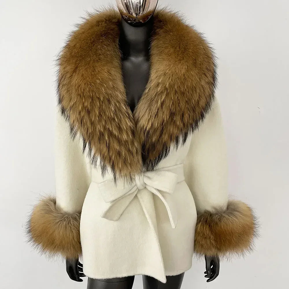 Winter Loose Outerwear Casual Natural Real Raccoon Fox Fur Blends Wool Coat
