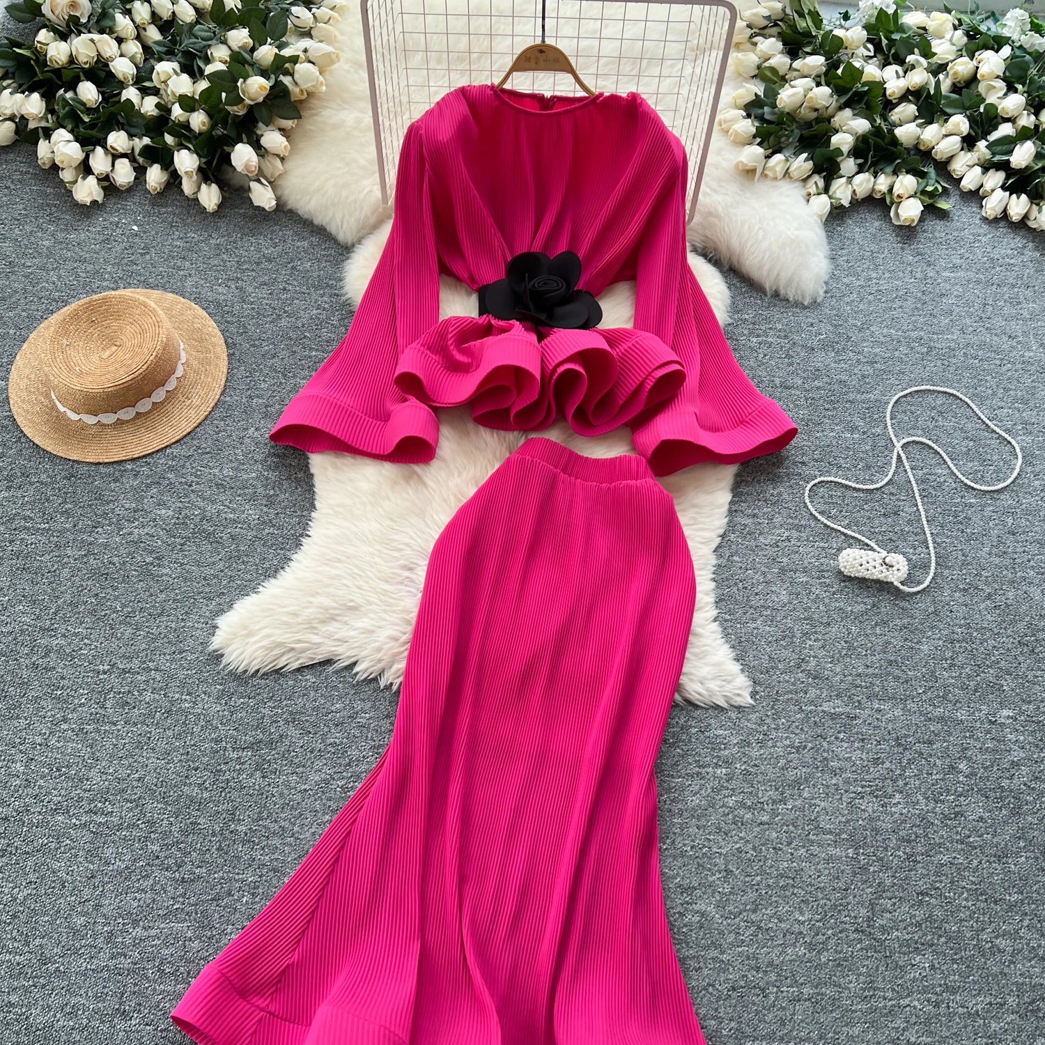 3D Flower 2pc Set Flare Sleeve Tops+Bodycon Mermaid Skirt