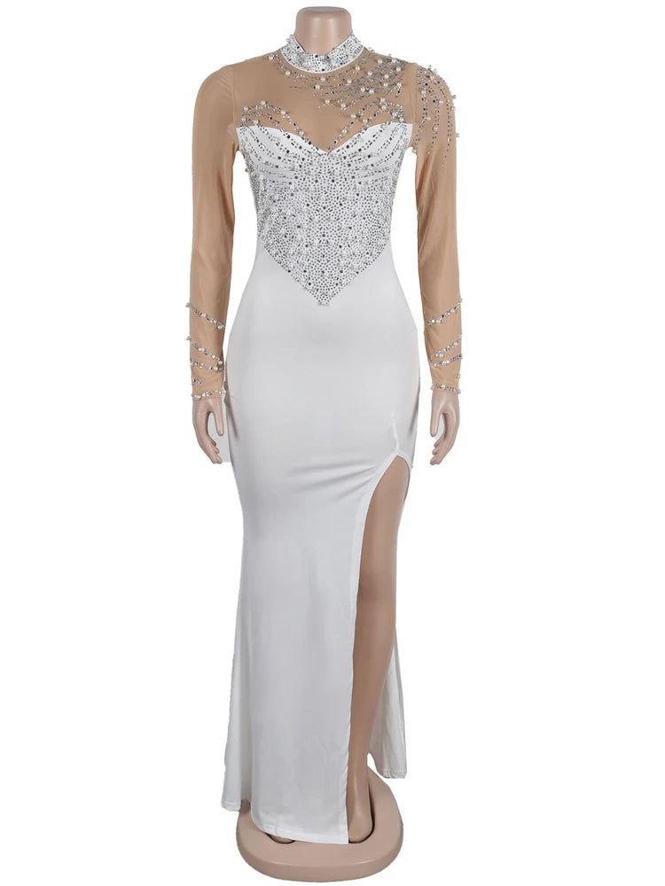 Crystal Embellished High Slit Long Maxi Dress