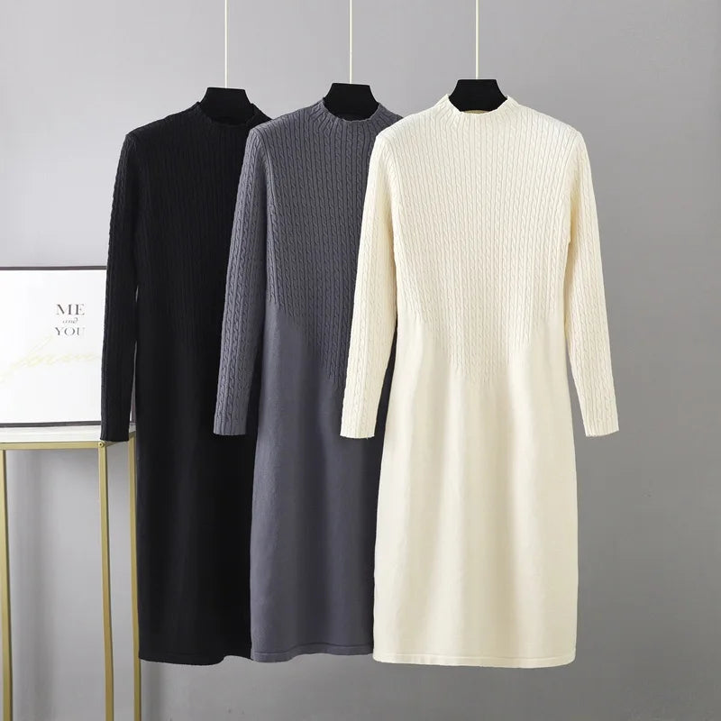 Autumn Basic Twist Knitted Dress Loose Mock Neck Bottoming Sweater Dress