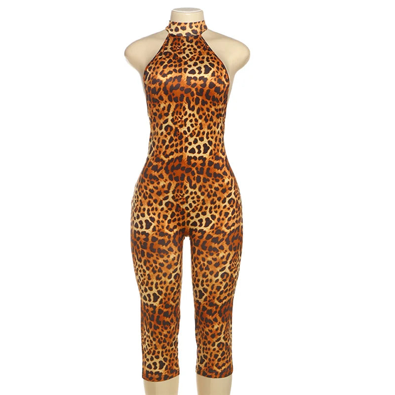 Leopard Print Halter Neck Backless Romper Bandage Jumpsuit