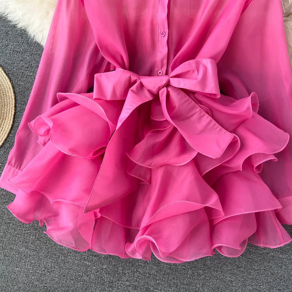 Chiffon Ruffle Edge Bow Tie Ruffle Blouse