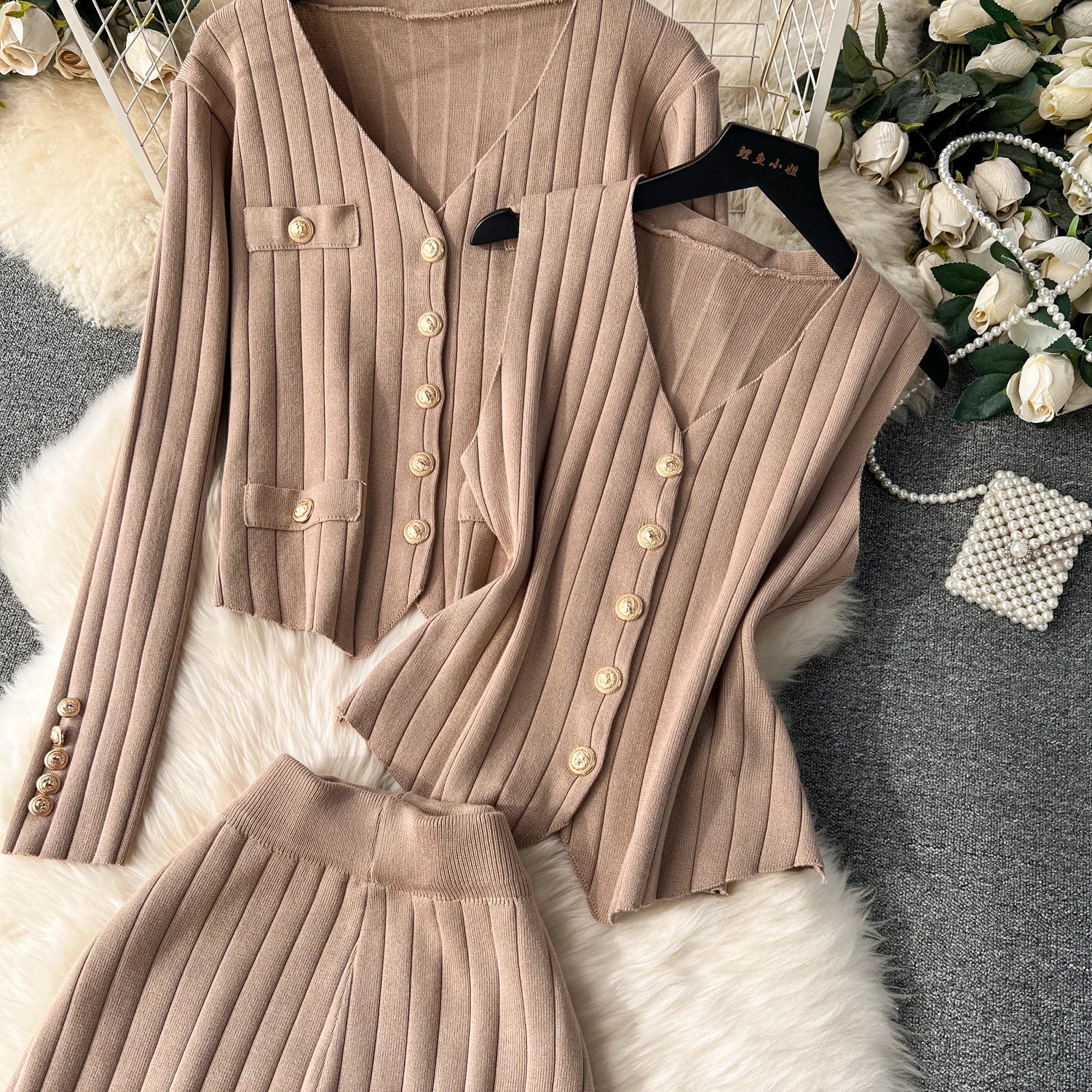 Knitted Metal Button Vest+V Neck Long Sleeves Cardigans+Wide Legs Pants Stripe Three Pieces Sets