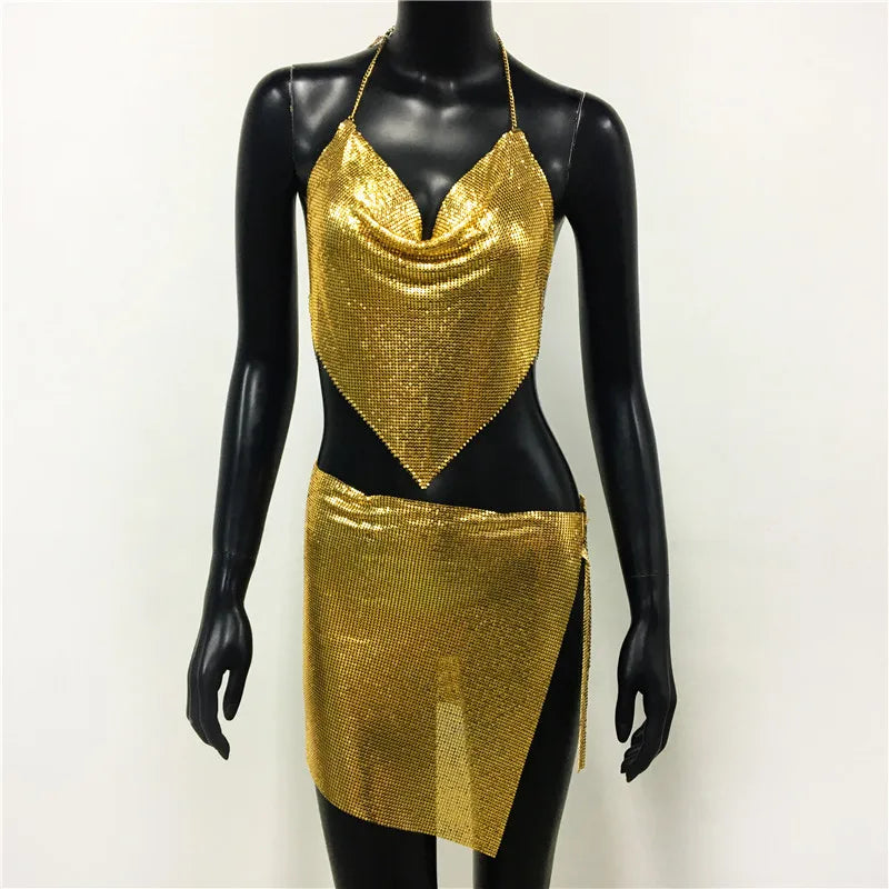 Metal Sequins 2 Piece Set Backless Halter Tank Tops Split Mini Skirts