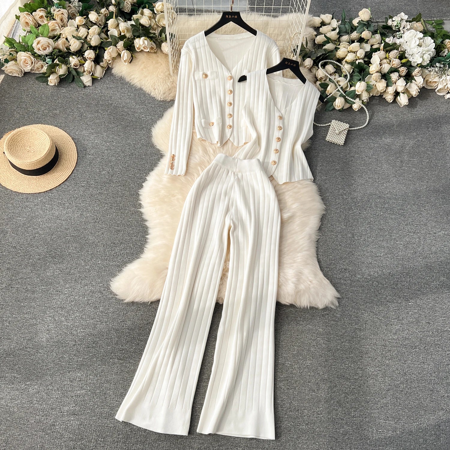 Knitted Metal Button Vest+V Neck Long Sleeves Cardigans+Wide Legs Pants Stripe Three Pieces Sets