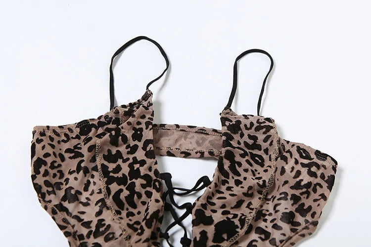 Leopard Print V-Neck Tassel Backless Playsuits