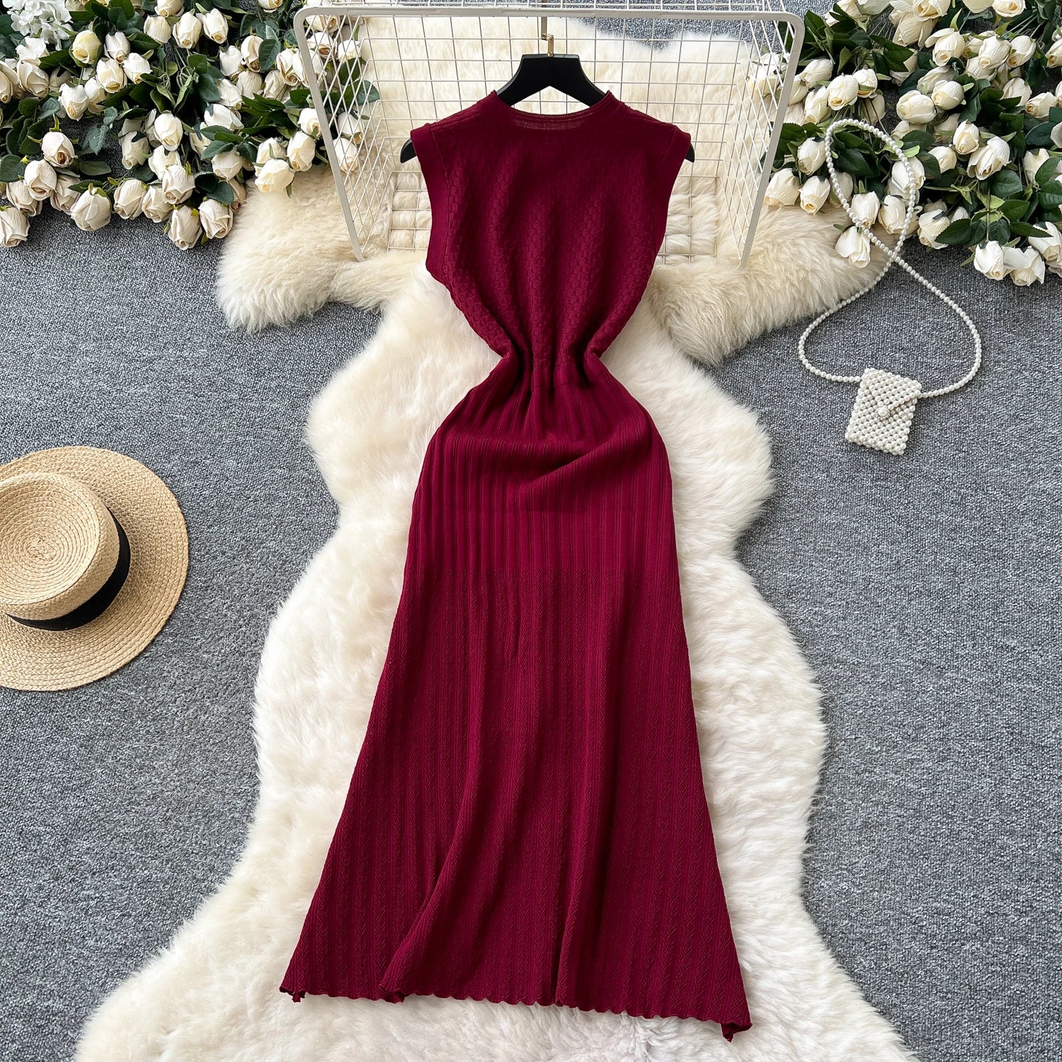 Office Lady Dress O Neck Sleeveless Single Breasted Chic Knitted Dress