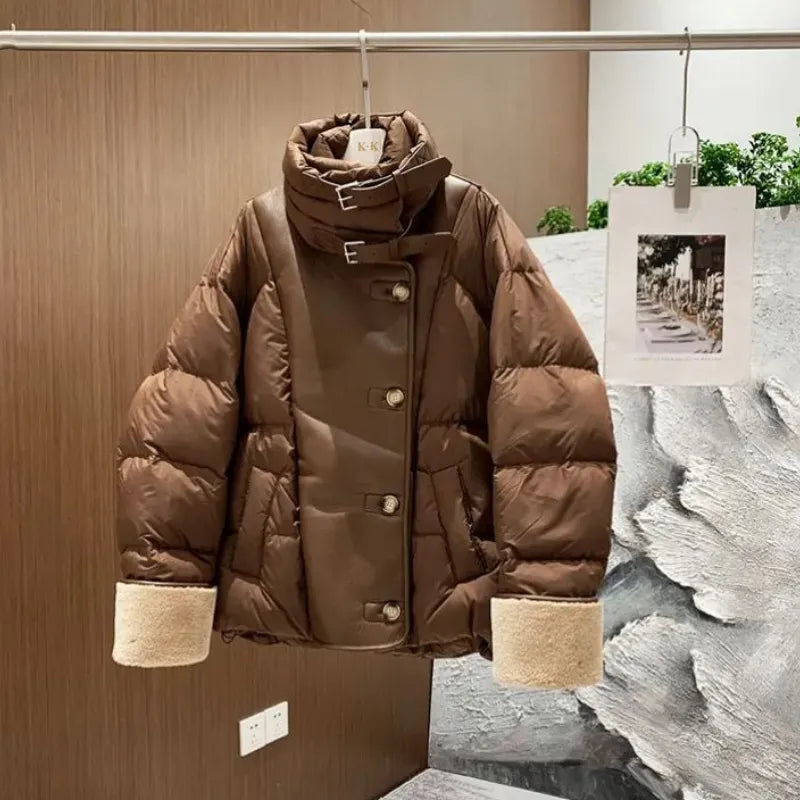 Down Coats Leather Short Puffer Jacket Fleece Thick Warm Windproof Parkas