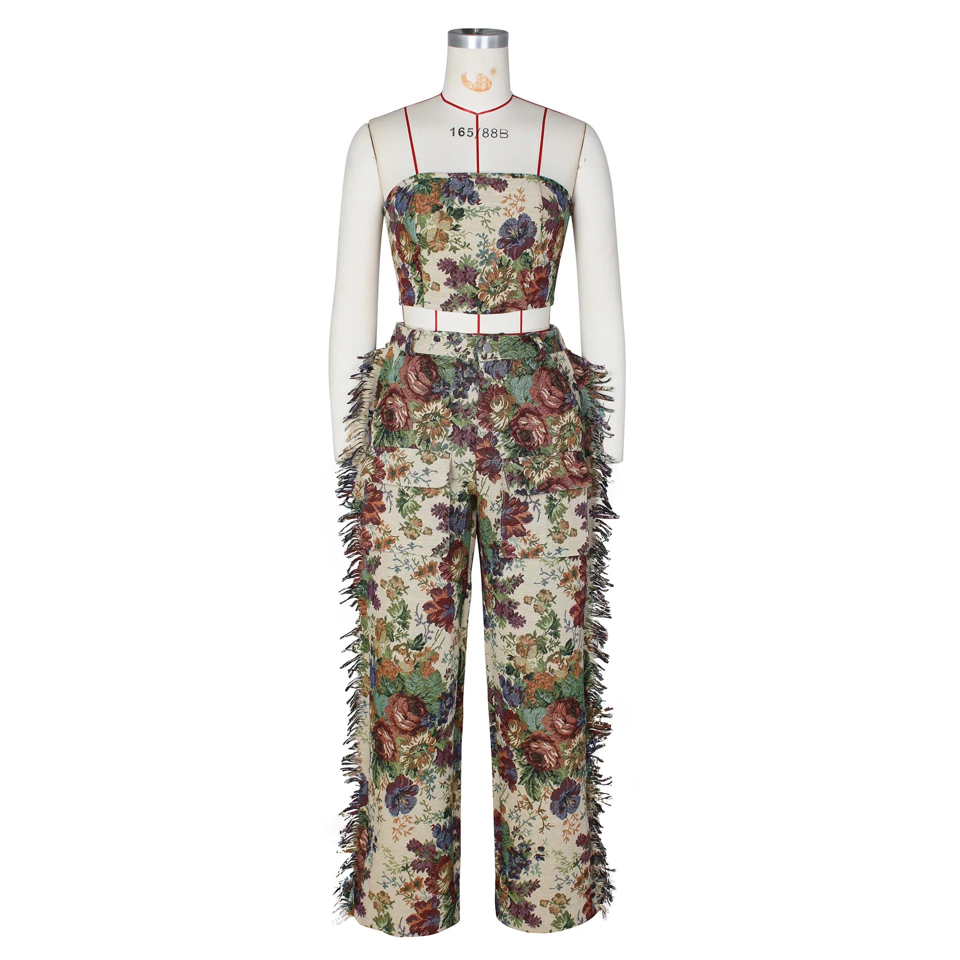 Strapless Top and Wide Leg tassel Pants Two 2 Piece Set