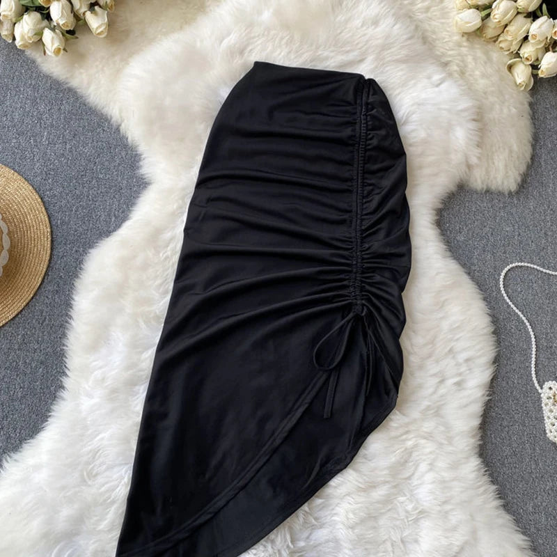 Draped Irregular Lace up Drawstring Folds Midi Skirt