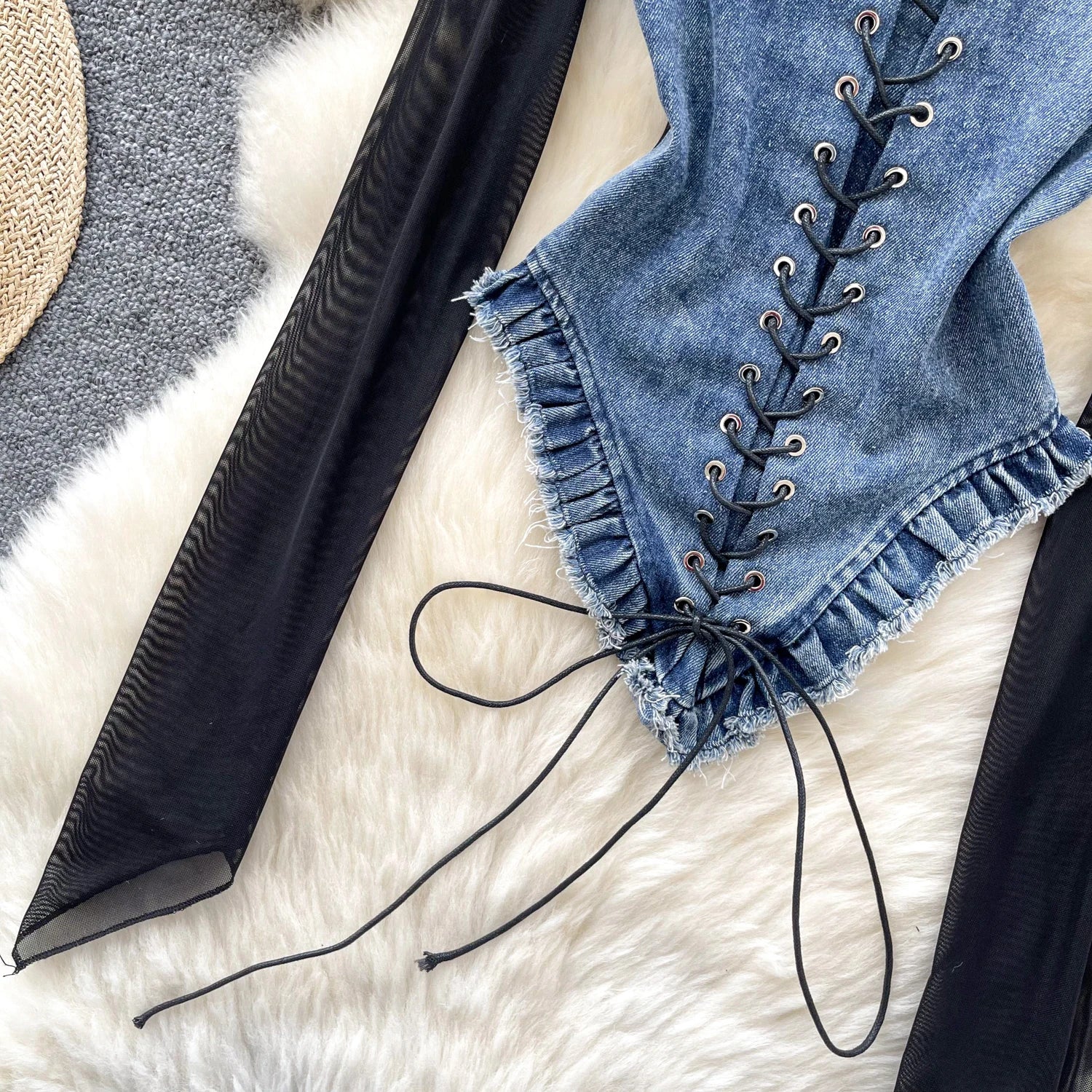 Retro Patchwork Long Sleeves Sheer Lace Up Denim Bodysuit
