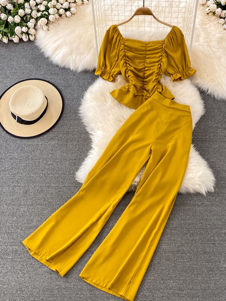 High Waist Drape Pants, Square Collar  Blouse Two-piece Suit