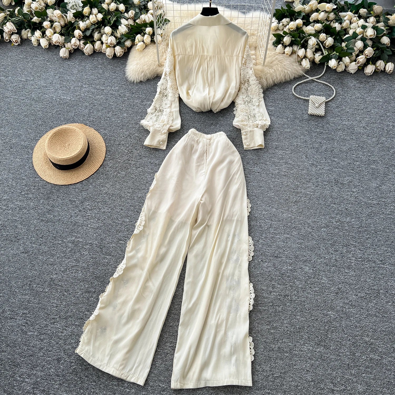 Single Breasted Lace Splice Top+High Waist Wide Legs Long Pants Hook Flower Hollow Suits