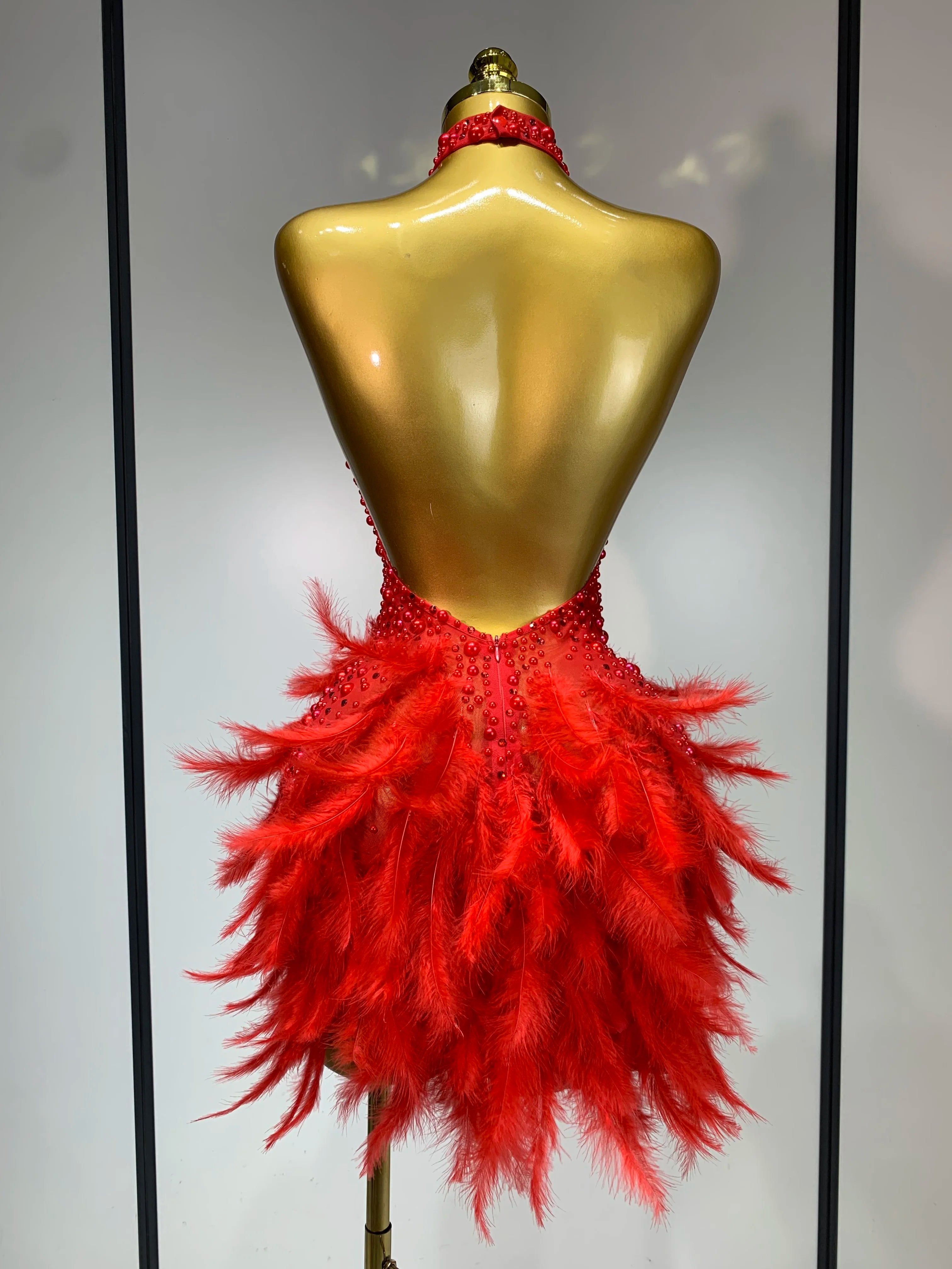 Luxury Rhinestones Pearls Halter Backless Short Feathers Dress