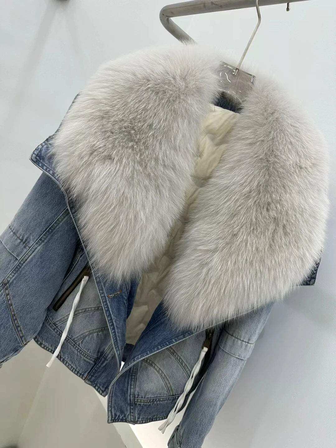 Denim Big White Fox Fur Collar Detachable Goose Down Filling Inner Lining High-End Jacket