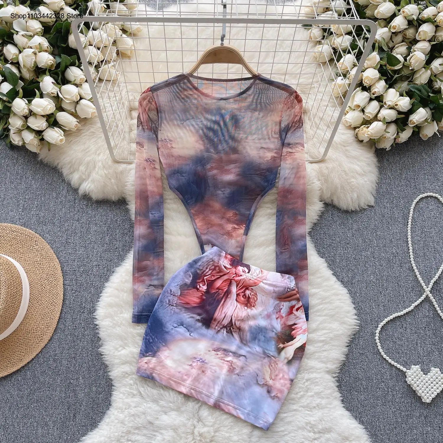 Two-Piece Set Long Sleeve Tops Short Mini Skirt for Women