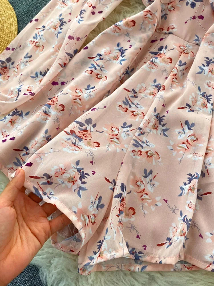 V-neck Puff Sleeves Folds Slim Floral Wide-leg Playsuit Jumpsuit