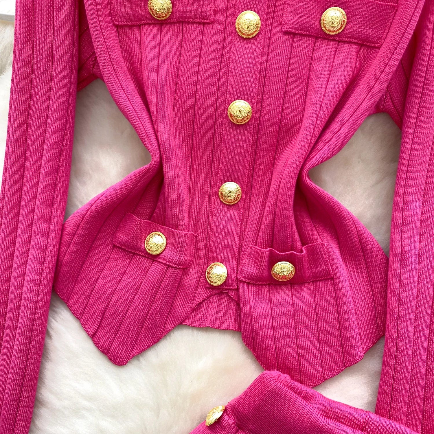 Long Sleeves Chic Buttons Pullovers+Elastic Long Pants Vintage Two Pieces Sets