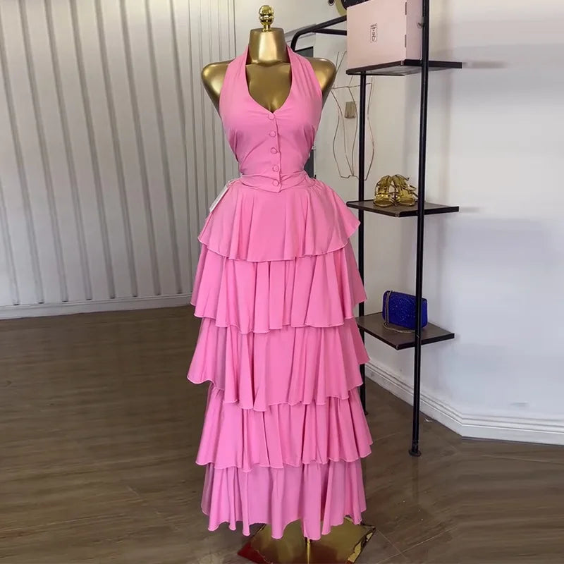 Sleeveless Vest Tops and Pleated Tiered Skirts Two Piece Set