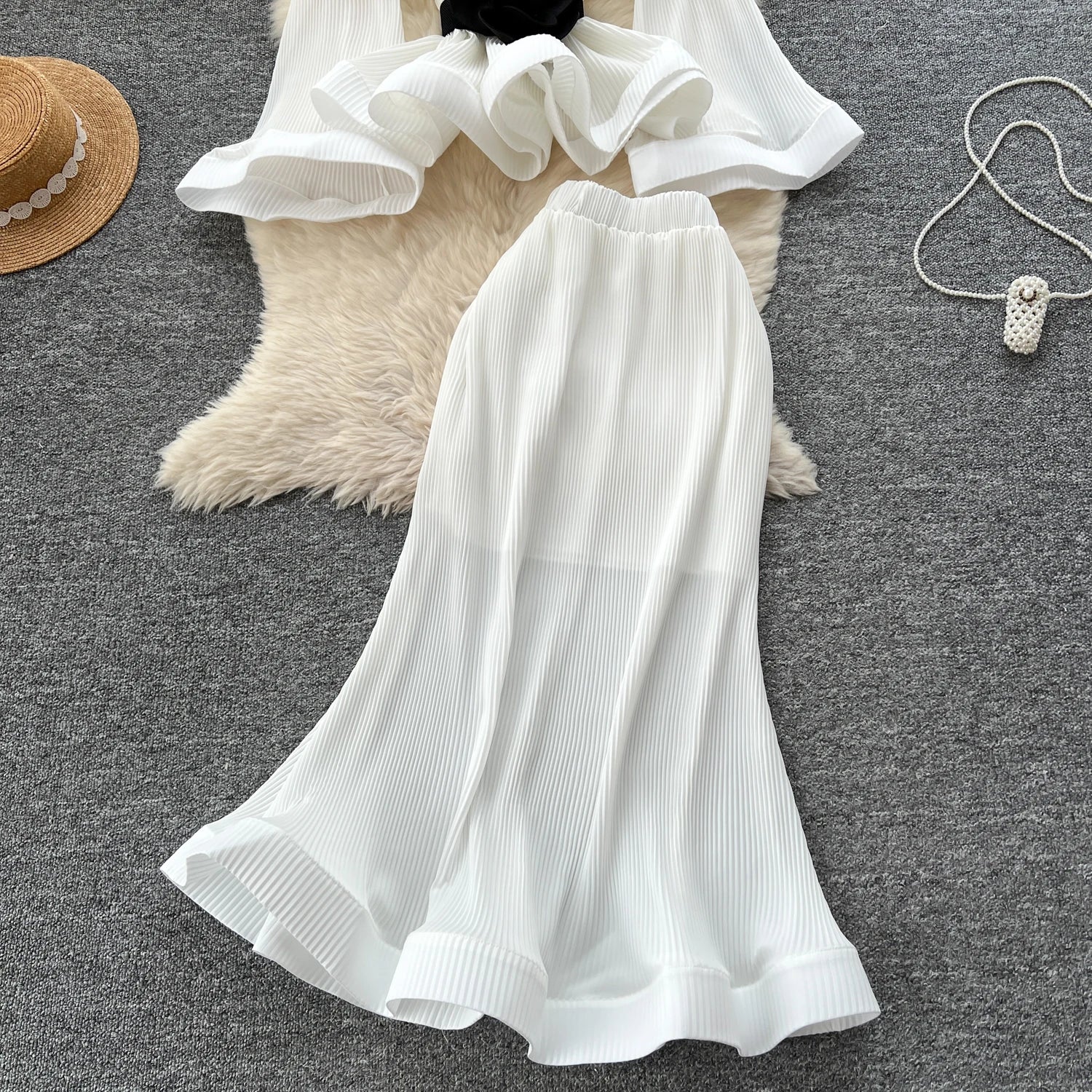 3D Flower 2pc Set Flare Sleeve Tops+Bodycon Mermaid Skirt