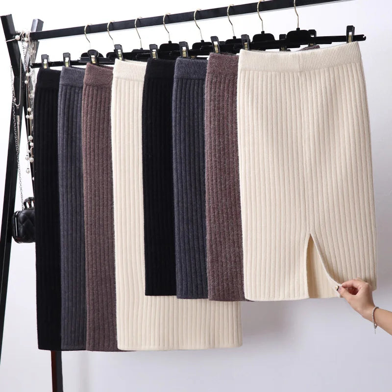 Stylish Knitted Slim Elastic High Waist Split Wrap Skirt Autumn Winter Skirts