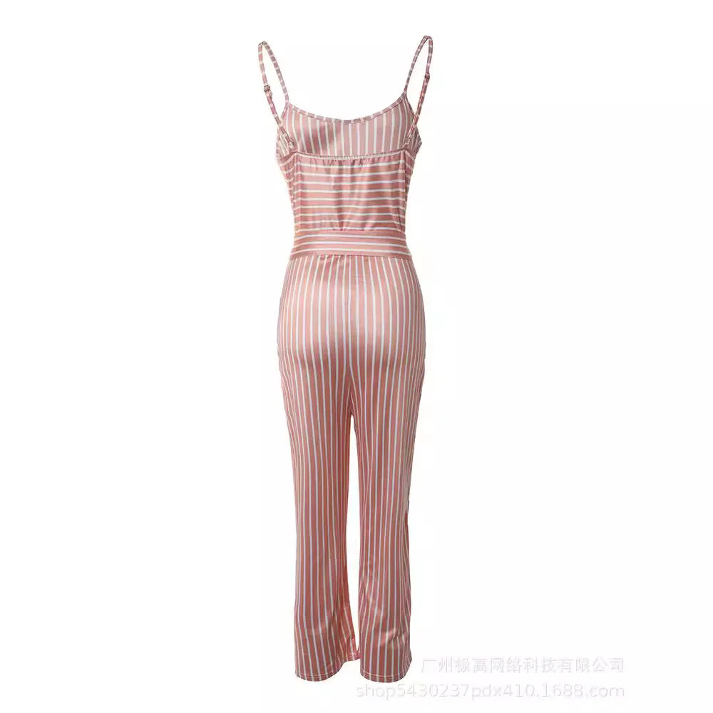 Elegant Casual Striped Printed Spaghetti Strap Tie Details Mid Waisted jumpsuit