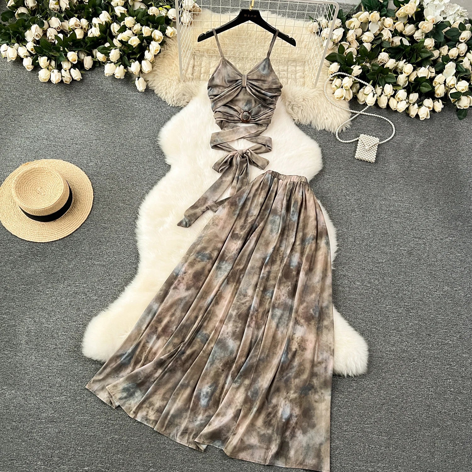 Tie Dye Suits Hollow Bandage Tops+High Waist A-Line Long Skirt Vintage Two Pieces Sets