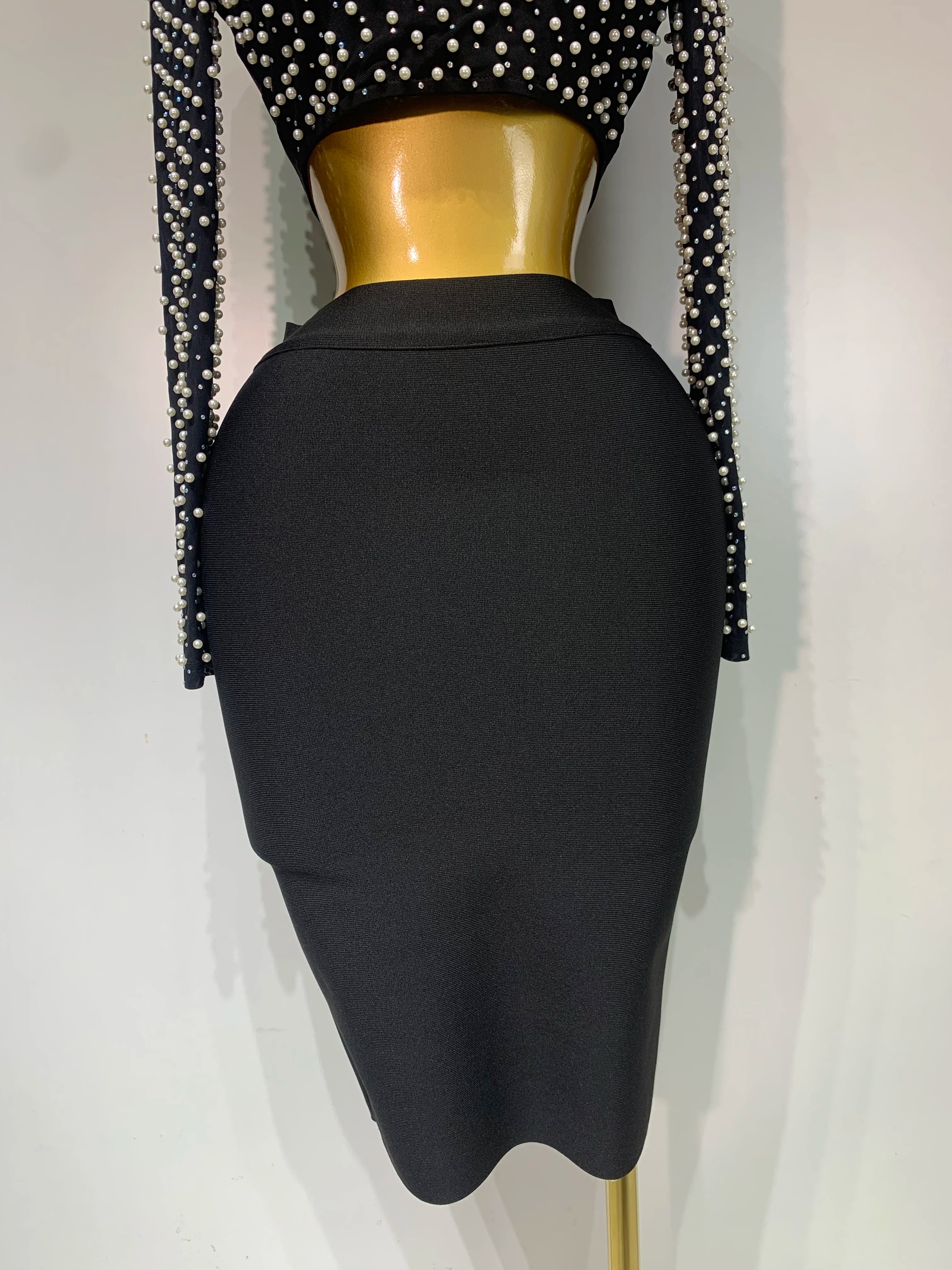 Long Sleeve Mesh Pearl Top  Midi Skirt Bandage Two Set