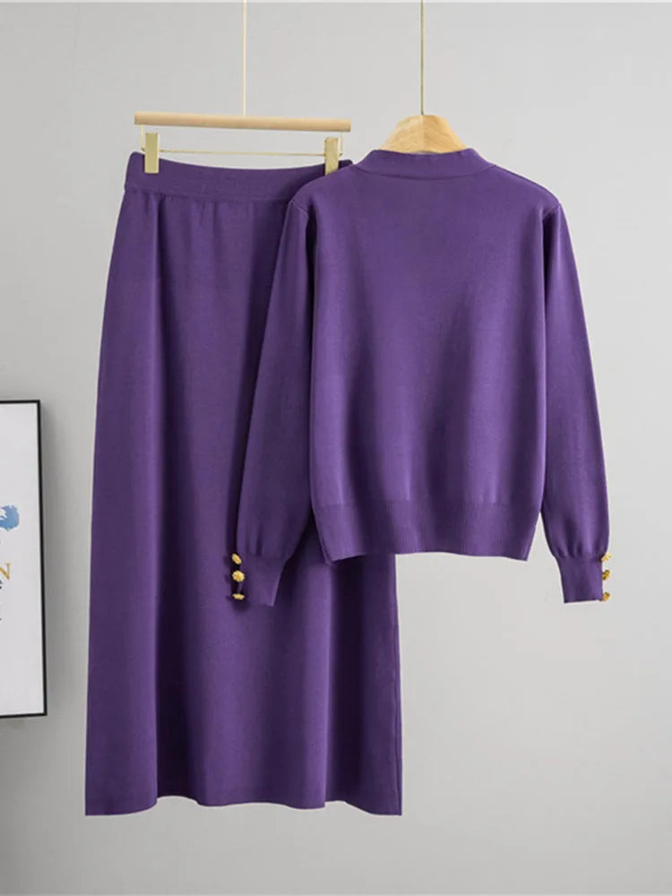 Elegant Slim Knitted 2 Piece Sets Sweater Tops High Waist Straight Pants Outfit