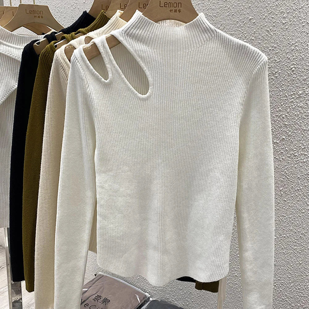 Turtleneck Knitted Ribbed Pullovers Autumn Winter Basic Sweaters