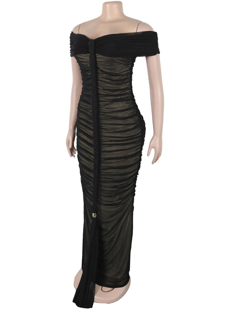 Off Shoulder Pleated Bandage Maxi Dress