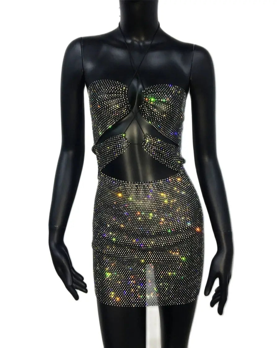 Rhinestone Halter Sling Sexy See Through Fishnet Mesh Elastic  Mini Dress