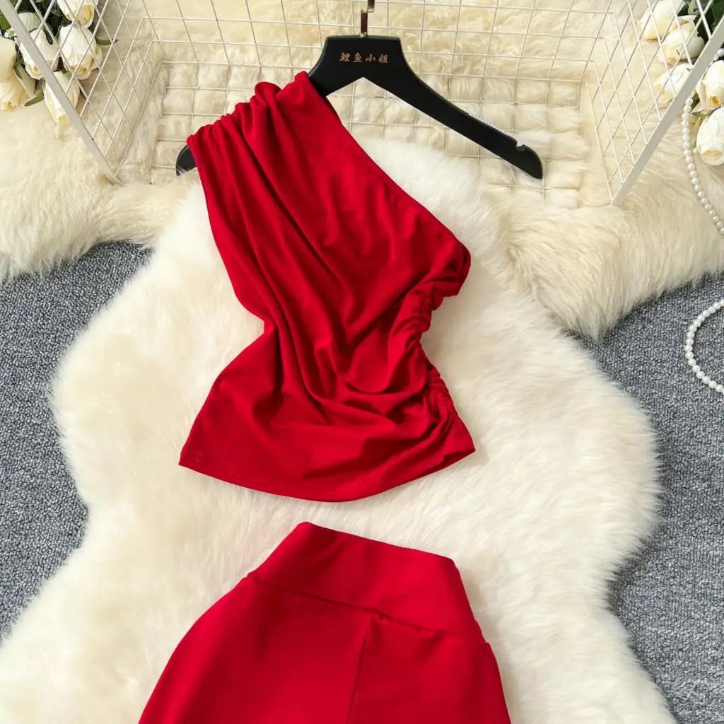 Two Pieces Sets Elegant Chic Skew Collar Pleated Tops + High Waist Flare Casual Pants  Outfits