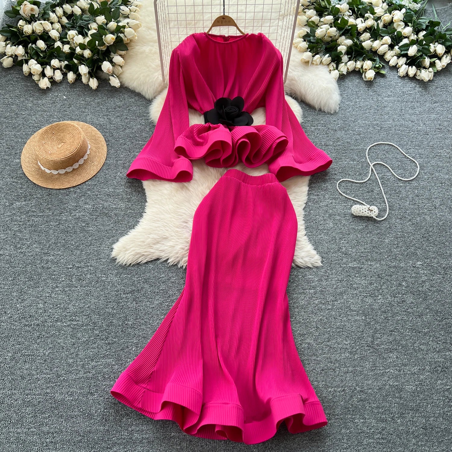 3D Flower 2pc Set Flare Sleeve Tops+Bodycon Mermaid Skirt