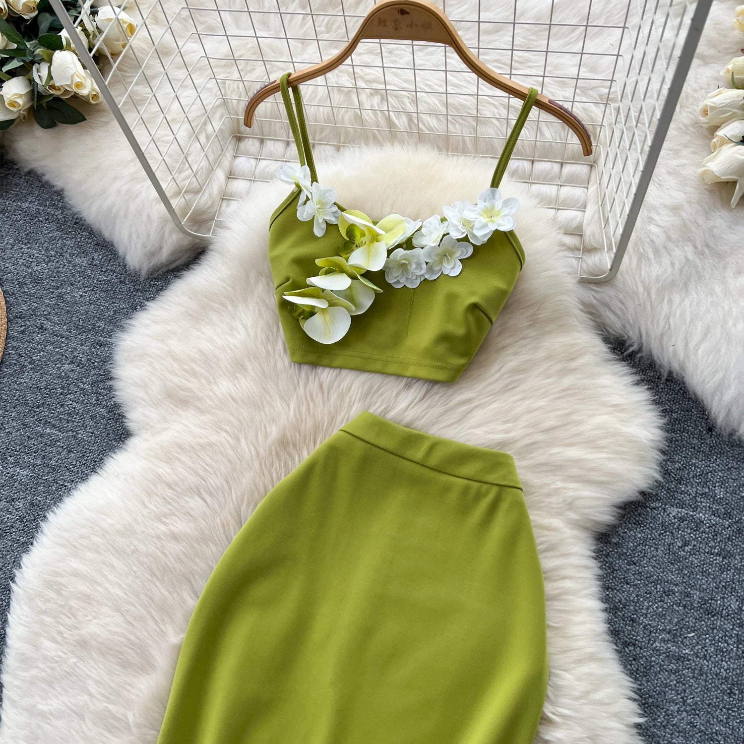 S3D Floral Strap Mini Tank Top+Split Bodycon Long Skirts Two Piece Set