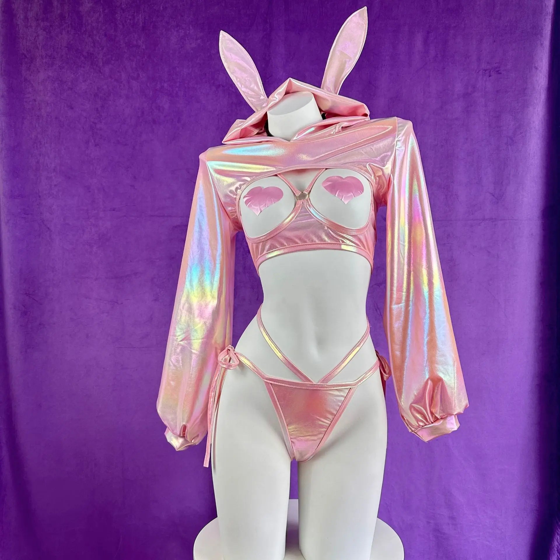 Anime Bunny Pink Laser Patent Leather Bikini Rabbit Costume