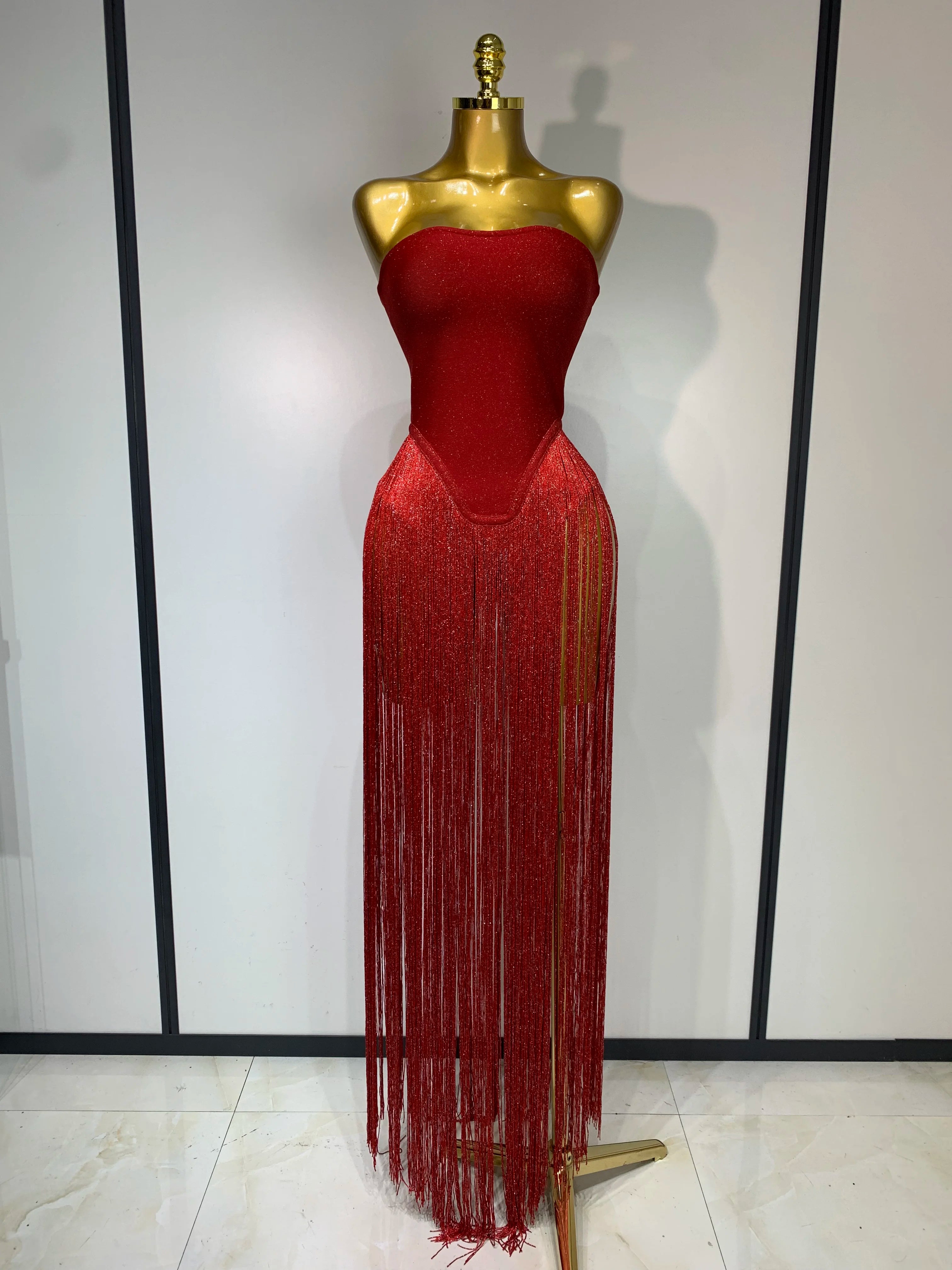 Luxury Long Tassel Patchwork Strapless Bandage Bodysuit Dress