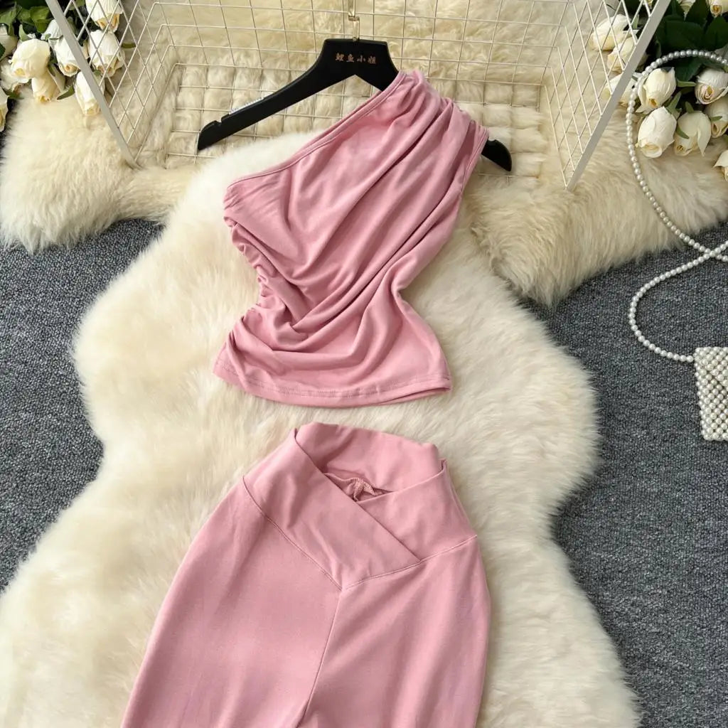 Two Pieces Sets Elegant Chic Skew Collar Pleated Tops + High Waist Flare Casual Pants  Outfits