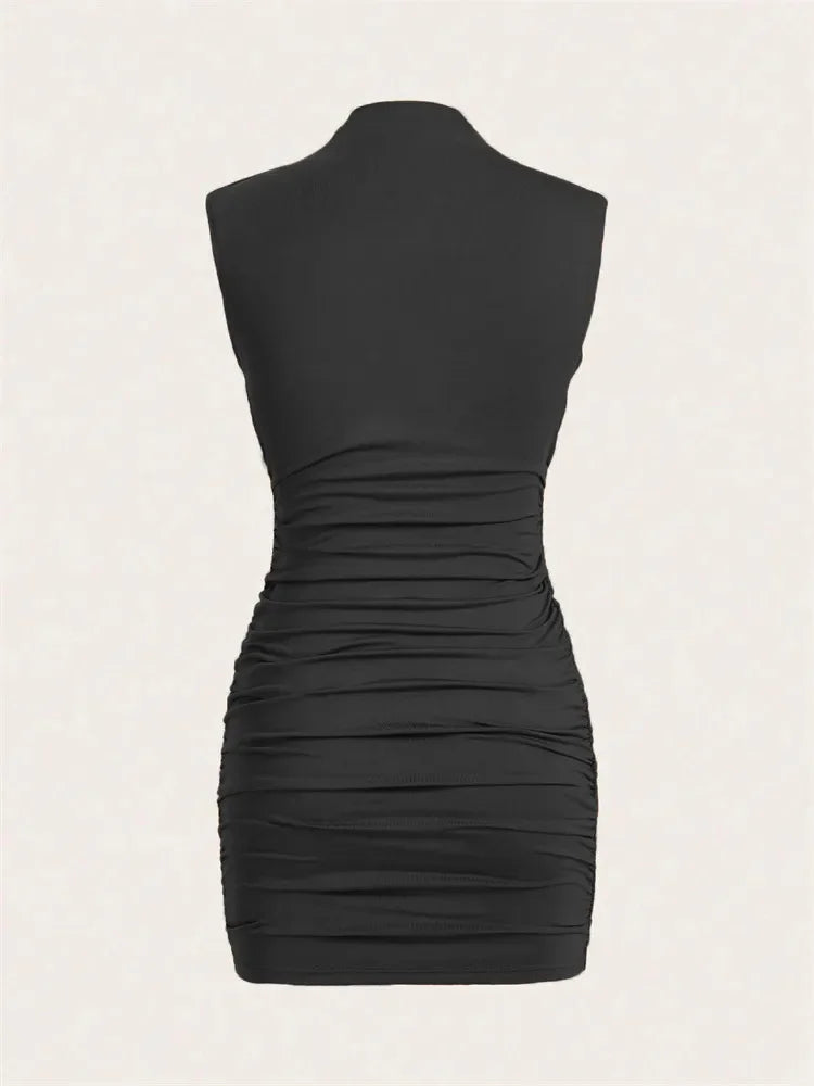 Pleated Sleeveless Mock Neck Ruched Pencil Short  Mini Bodycon Dress