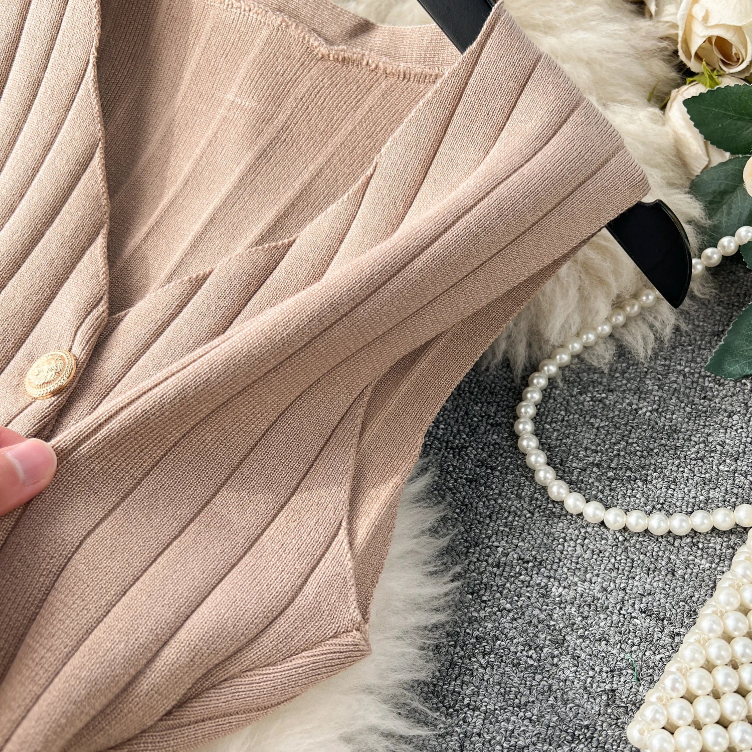 Knitted Metal Button Vest+V Neck Long Sleeves Cardigans+Wide Legs Pants Stripe Three Pieces Sets