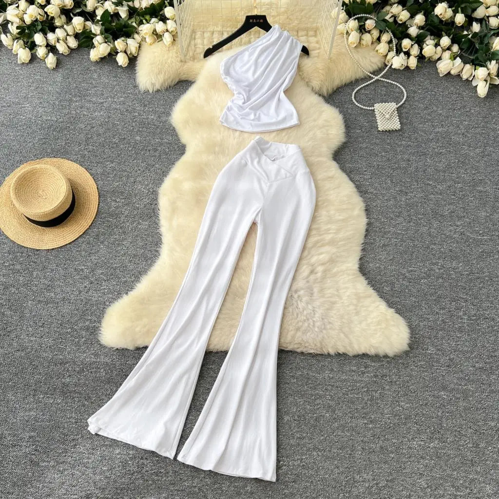 Two Pieces Sets Elegant Chic Skew Collar Pleated Tops + High Waist Flare Casual Pants  Outfits