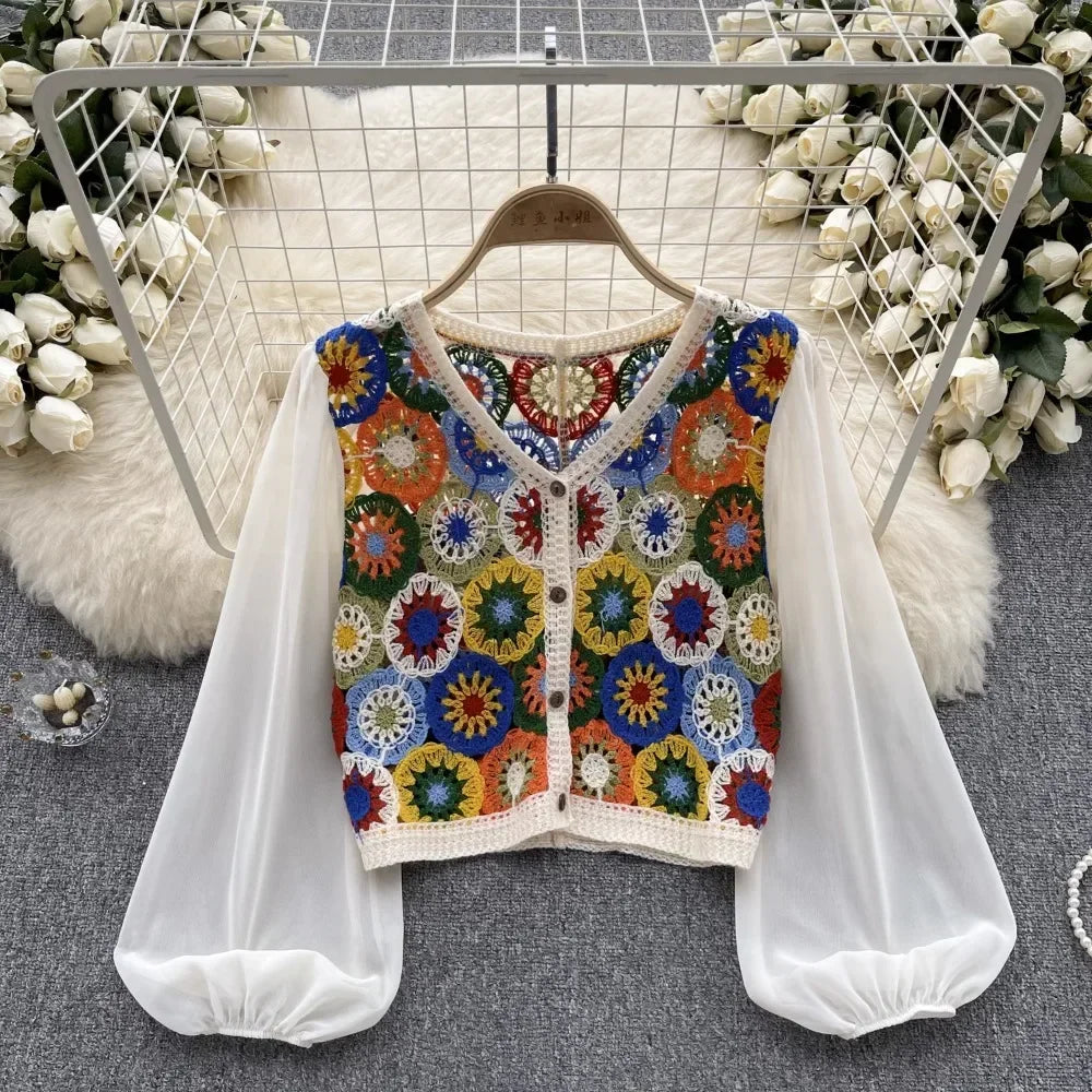Knitting Crochet  Hollow Out Long Lantern Sleeve Blouse