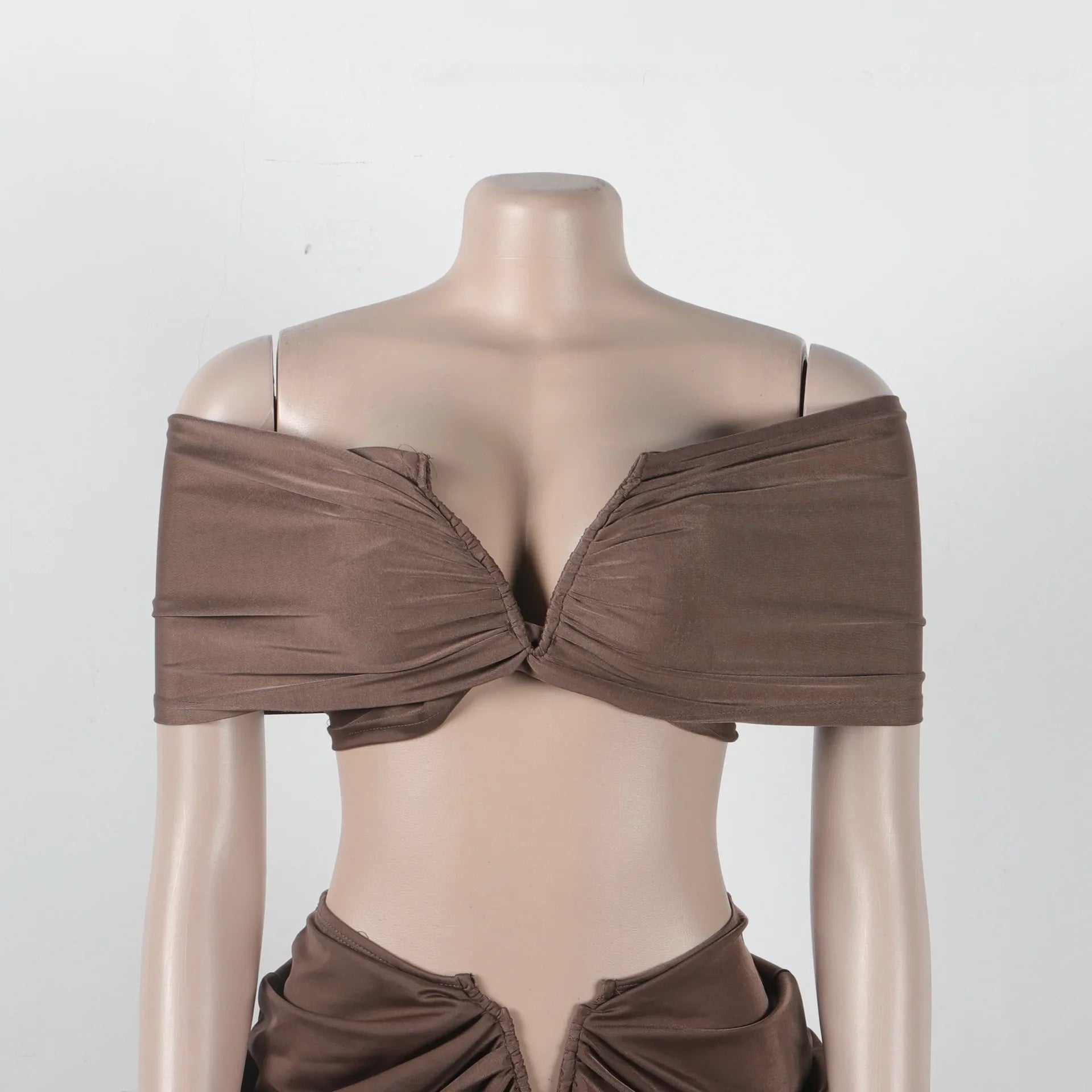 Stacked Ruched Off Shoulder Crop Top and Low Waist Maxi Long Skirts Two Piece Sets