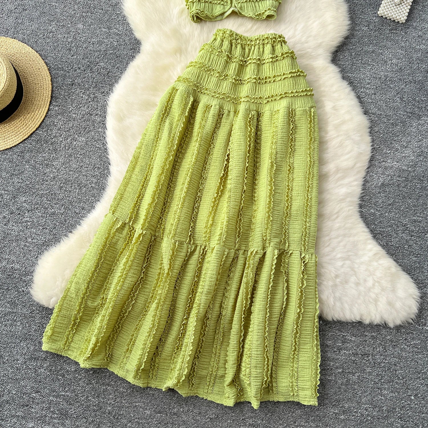 Casual Single Breasted Mini Camisole+Elastic Waist A Line Fold Slim Skirt Two Piece Sets