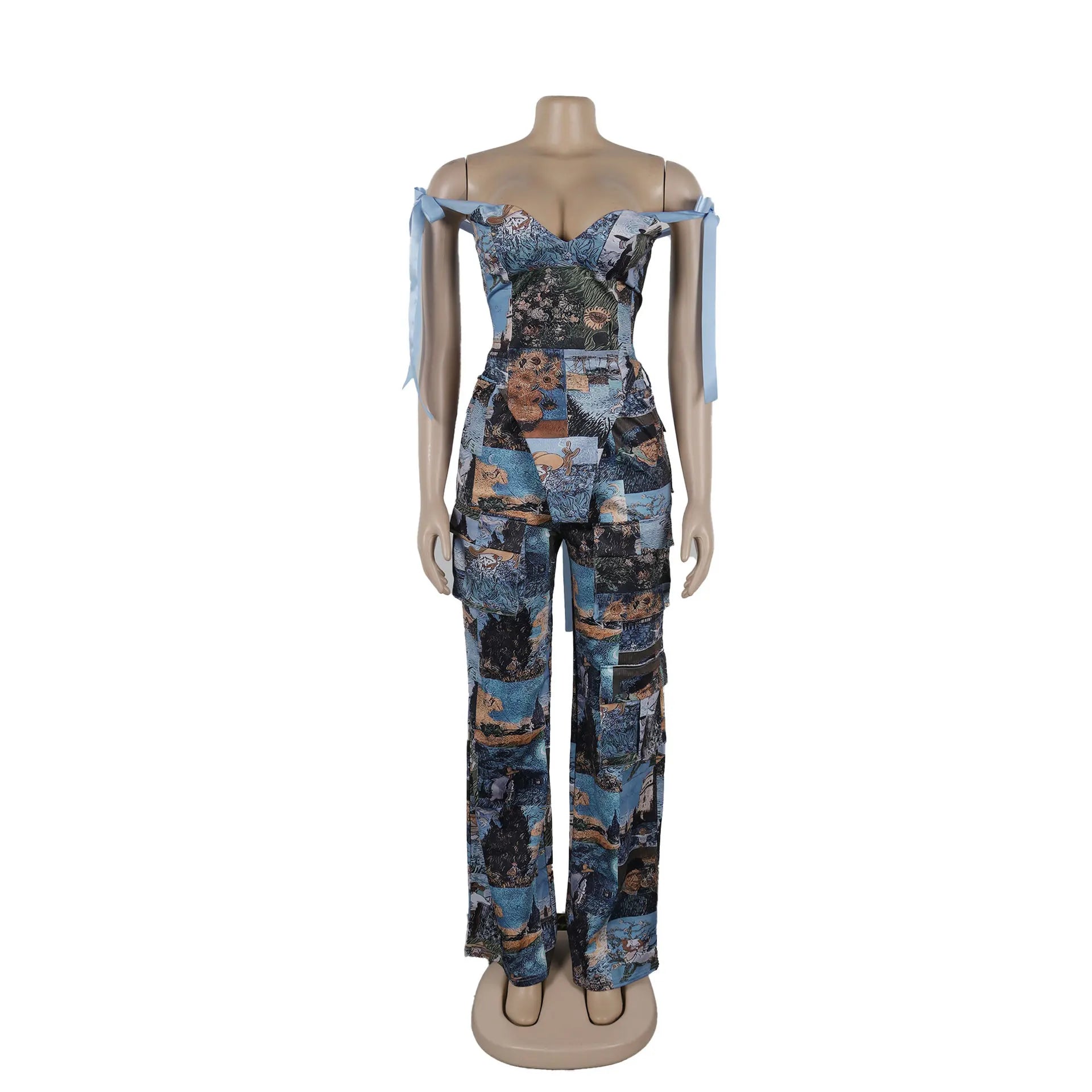 Oil Painting Ink Splash Printing Drawstring Tie Lace Multi-Pocket Straight Pants Two Piece Set