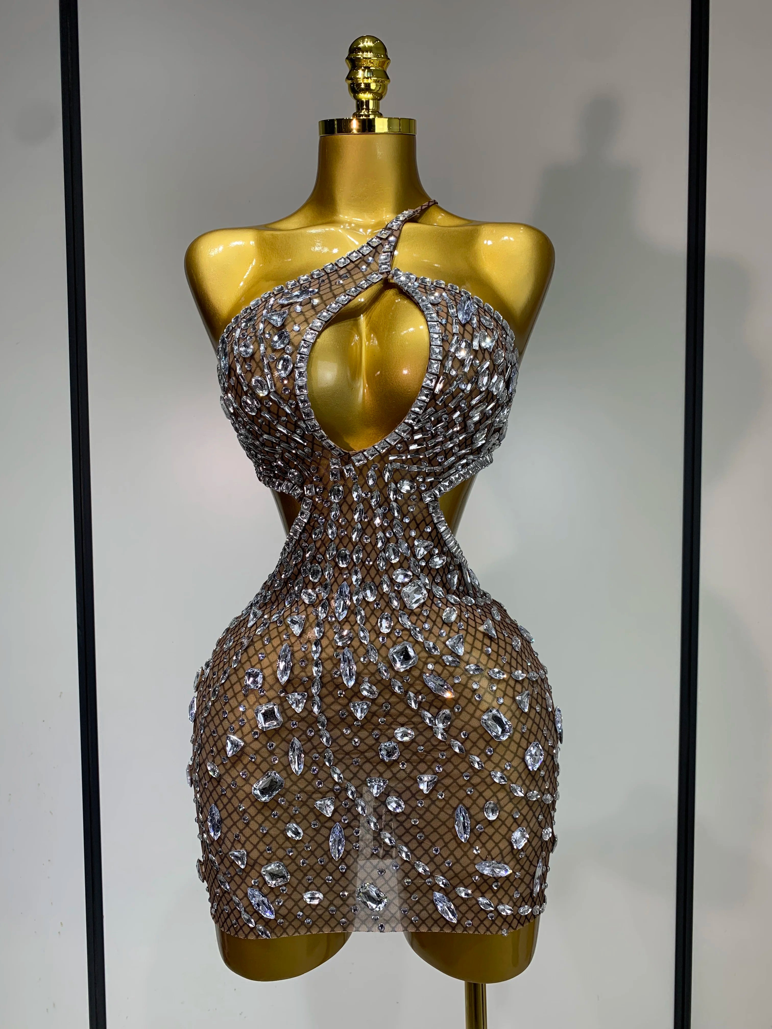 Sleeveless See Through Mesh Backless Evening Sparkling Dress