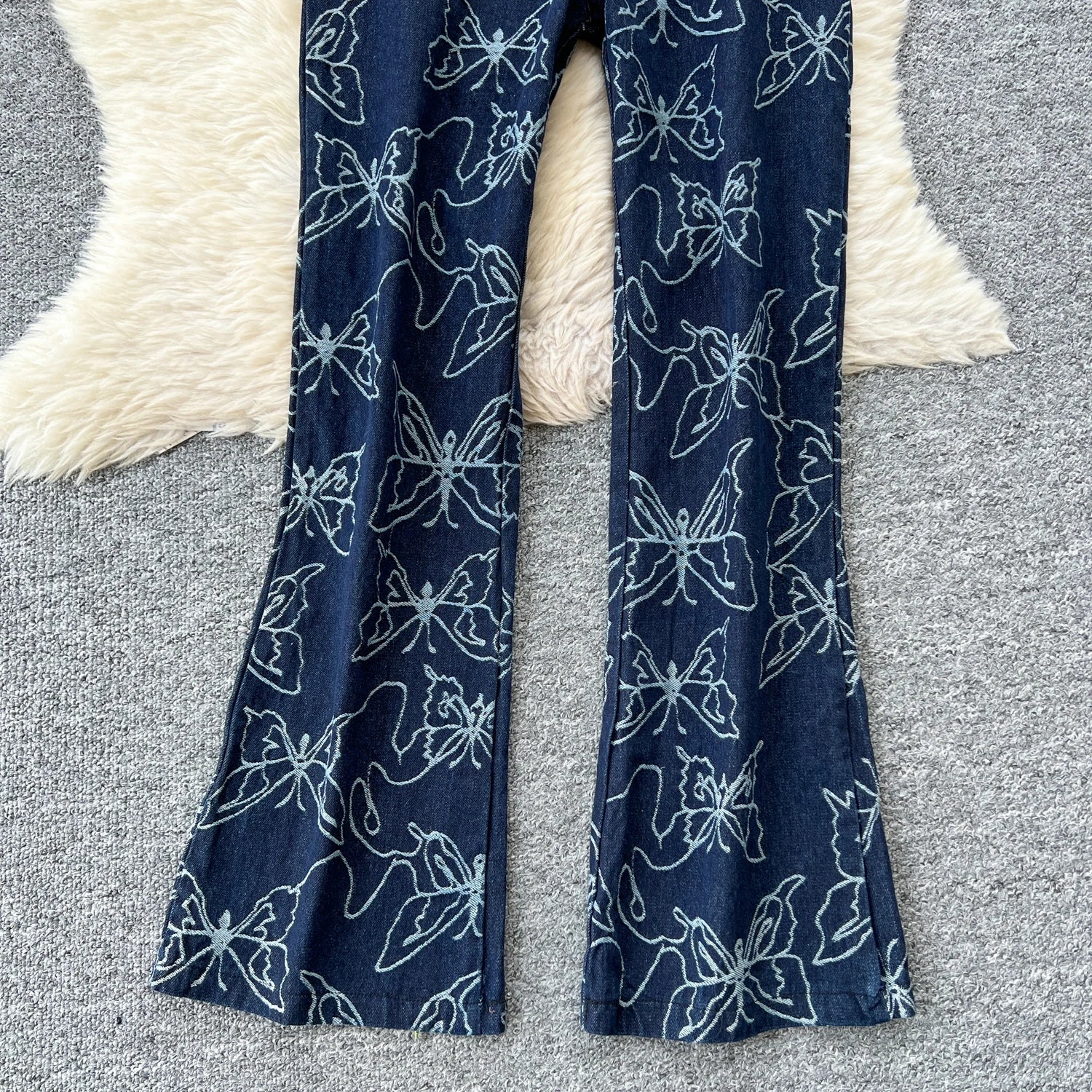 Butterfly Print Denim Two Pieces Sets Halter Strapless Slim Camis+Wide Legs Long Pant Suits
