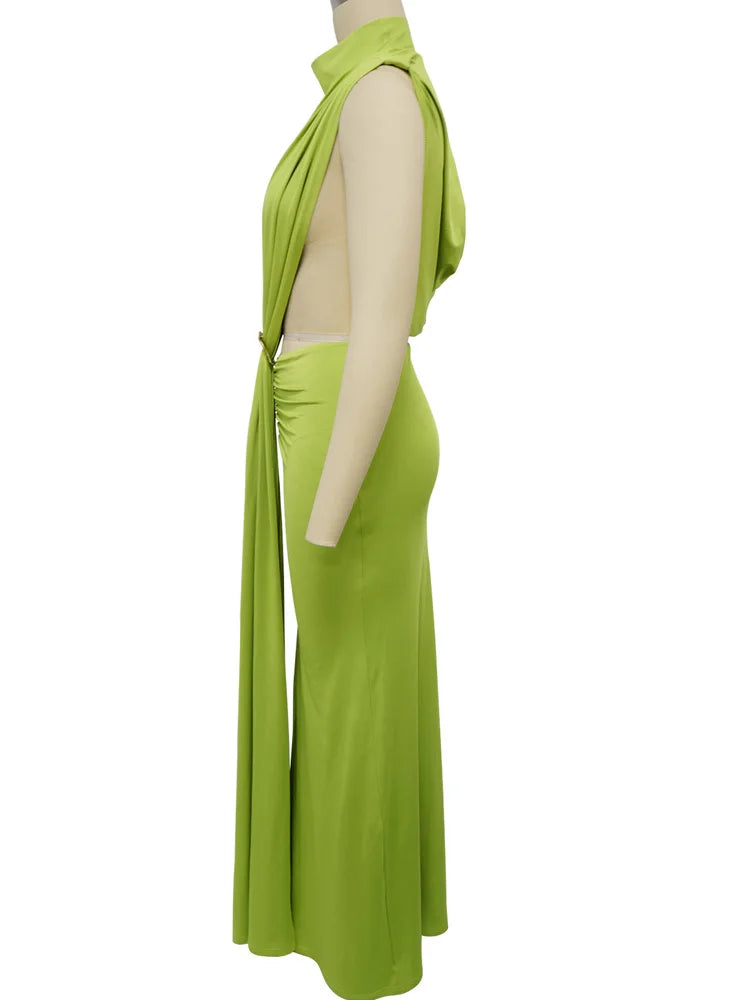 Green Sleeveless Hollow Out Pleated Prom Dress