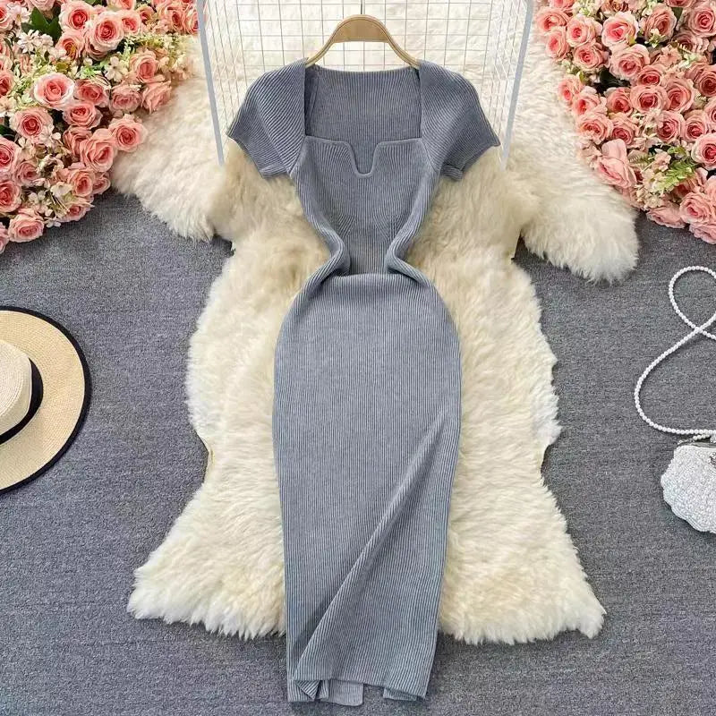 Elegant Square Neck Short Sleeve Slim Fit Knitted Bodycon Dress